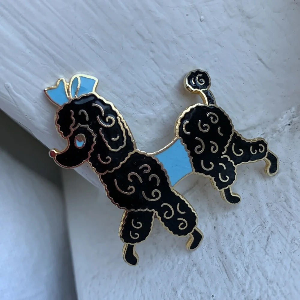 Fancy black French Poodle pin with blue eyes, sweater + bow EUC